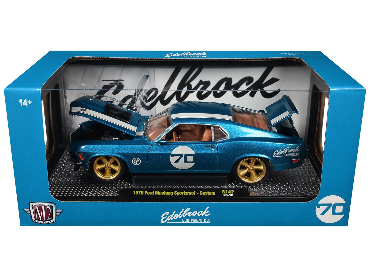 1970 Ford Mustang Sportsroof 70 Blue Metallic with White Stripes Limited Edition to 4050 pieces Worldwide 1/24 Diecast Model Car by M2 Machines-M2-ModelCars.com