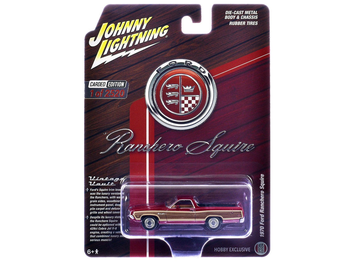 1970 Ford Ranchero Squire Red with Woodgrain Sides "Hobby Exclusive" Series Limited Edition to 2520 pieces Worldwide 1/64 Diecast Model Car by Johnny Lightning-Johnny Lightning-ModelCars.com