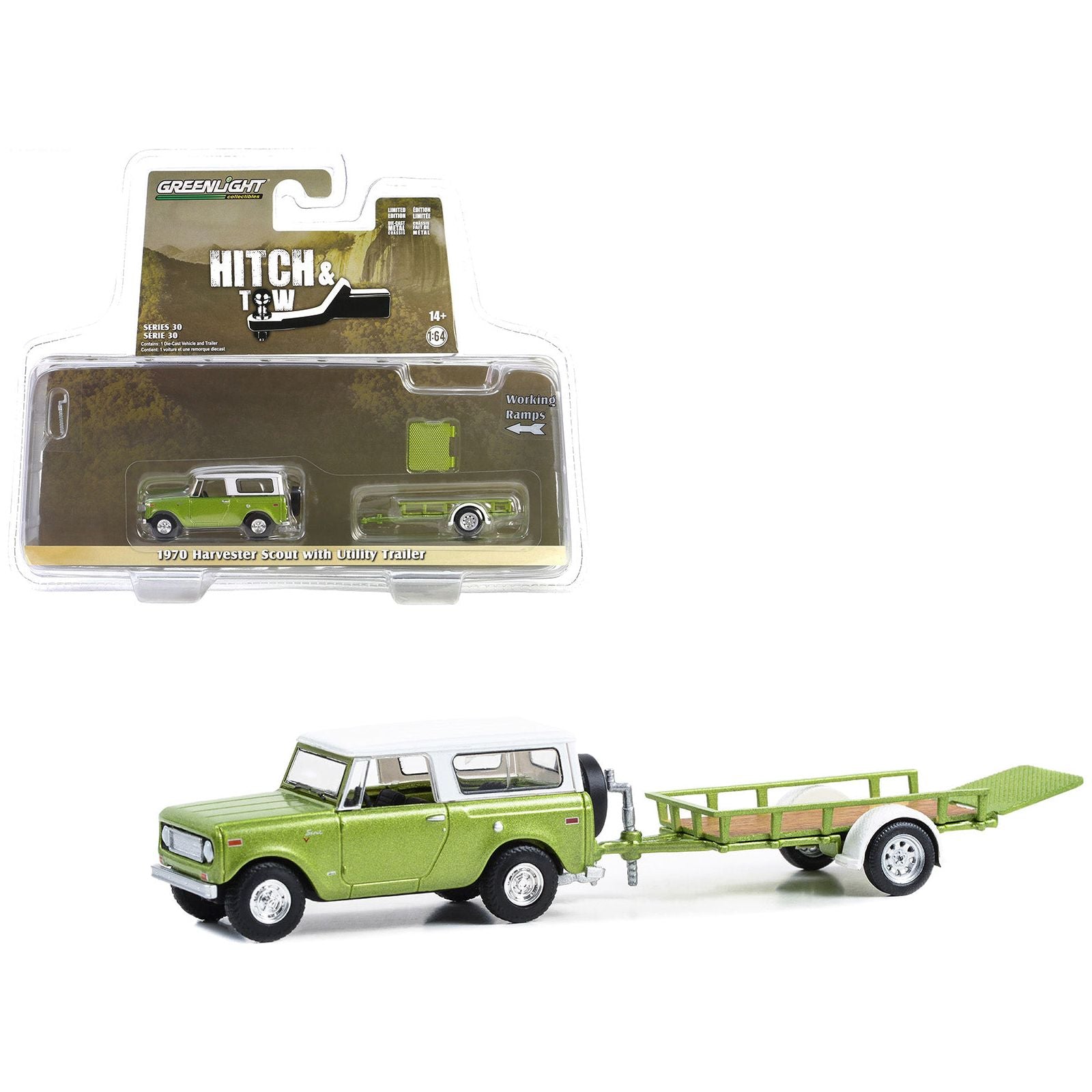 1970 Harvester Scout Lime Green Metallic with Alpine White Top and Utility Trailer "Hitch & Tow" Series 30 1/64 Diecast Model Car by Greenlight - Greenlight - ModelCars.com