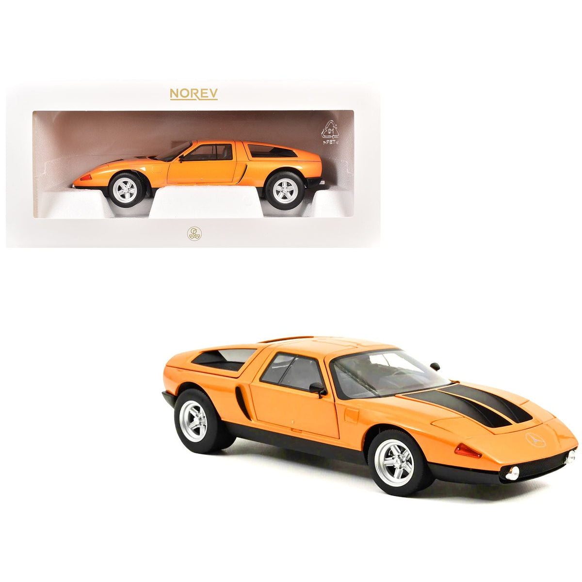 1970 Mercedes-Benz C 111/II White Autumn Metallic with Black Stripes 1/18 Diecast Model Car by Norev-Norev-ModelCars.com