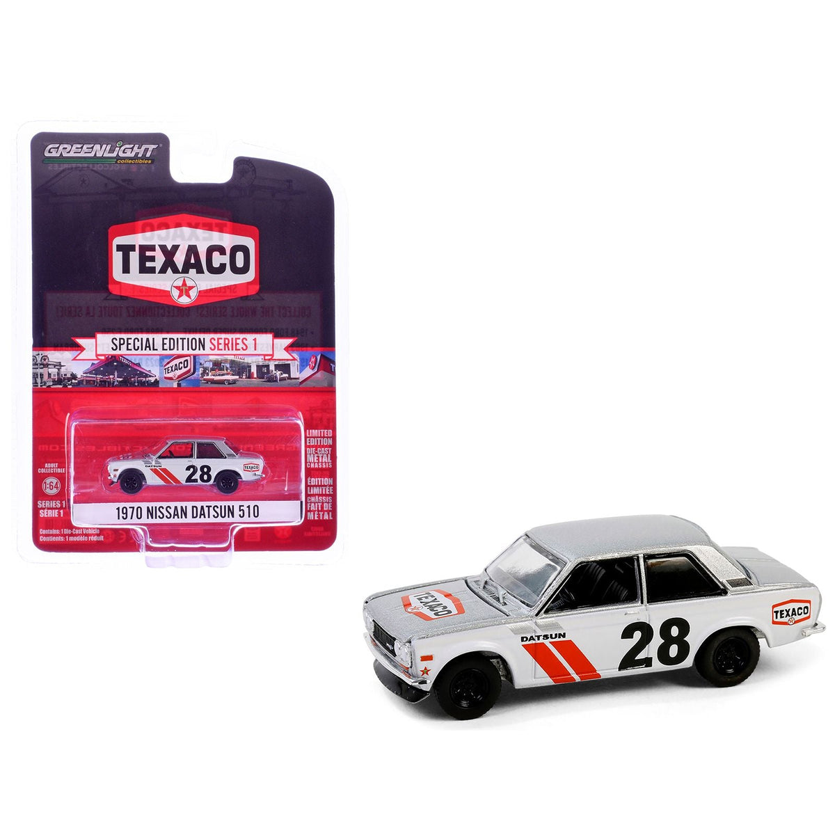 1970 Nissan Datsun 510 #28 "Texaco" Silver Metallic and White with Red Stripes "Texaco Special Edition" Series 1 1/64 Diecast Model Car by Greenlight-Greenlight-ModelCars.com