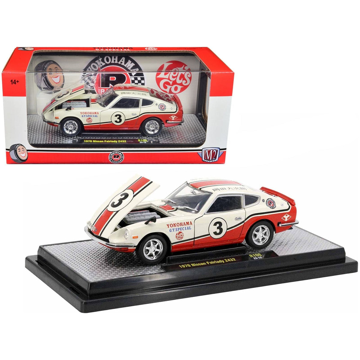 1970 Nissan Fairlady Z 432 RHD (Right Hand Drive) 3 Wimbledon White with Red and Black Stripes "Yokohama GT Special" Limited Edition to 5250 pieces Worldwide 1/24 Diecast Model Car by M2 Machines-M2-ModelCars.com