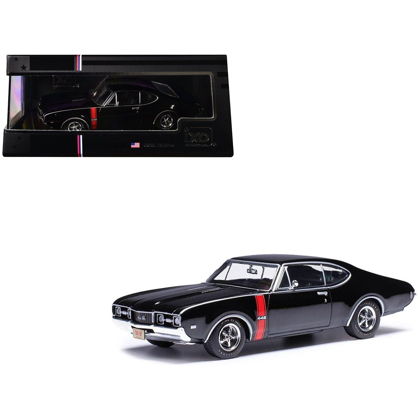 1970 Oldsmobile 442 W - 30 Ebony Black with Red Stripes 1/43 Diecast Model by IXO Models - IXO - ModelCars.com