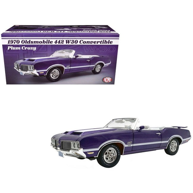 1970 Oldsmobile 442 W30 Convertible Plum Crazy Metallic with White Stripes and Interior Limited Edition to 870 pieces Worldwide 1/18 Diecast Model Car by ACME-Acme-ModelCars.com
