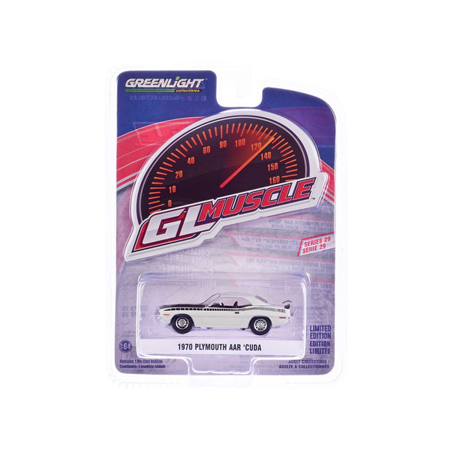 1970 Plymouth AAR Barracuda Alpine White with Stripes "GreenLight Muscle" Series 29 1/64 Diecast Model Car by Greenlight-Greenlight-ModelCars.com