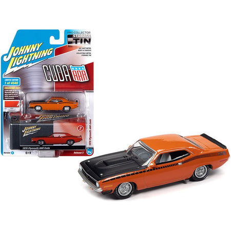 1970 Plymouth AAR Barracuda Vitamin C Orange with Black Stripes and Hood and Collector Tin Limited Edition to 4540 pieces Worldwide 1/64 Diecast Model Car by Johnny Lightning-Johnny Lightning-ModelCars.com