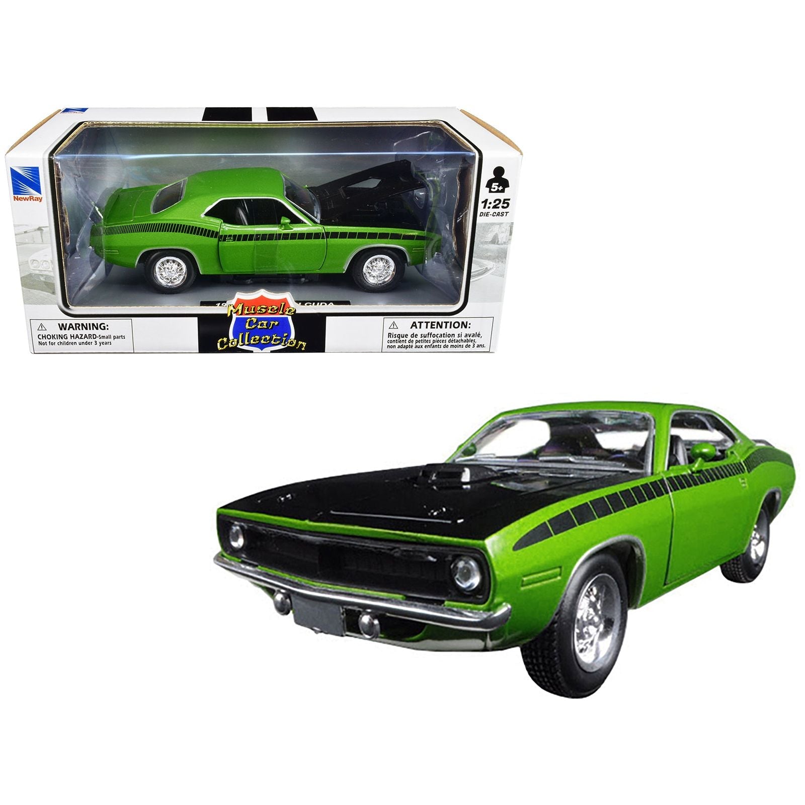 1970 Plymouth Barracuda Green with Black Hood and Stripes "Muscle Car Collection" 1/25 Diecast Model Car by New Ray - New Ray - ModelCars.com