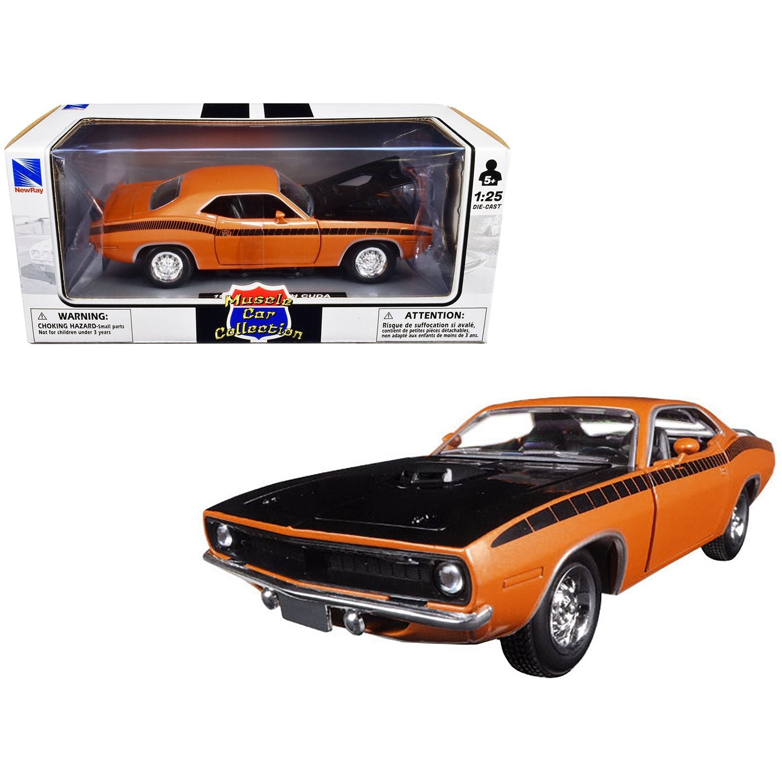 1970 Plymouth Cuda Orange with Black Hood and Stripes 1/25 Diecast Model Car by New Ray - New Ray - ModelCars.com