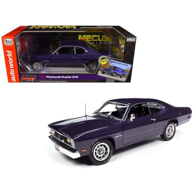 1970 Plymouth Duster 340 Violet Metallic with Black Stripes "Mecum Auctions" "American Muscle" Series 1/18 Diecast Model Car by Auto World - Autoworld - ModelCars.com
