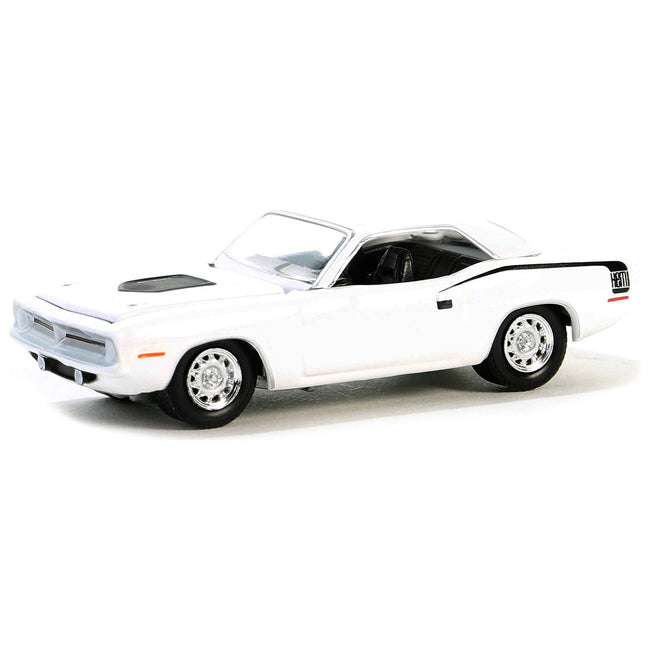1970 Plymouth Hemi Barracuda Alpine White with Black Stripes "GreenLight Muscle" Series 28 1/64 Diecast Model Car by Greenlight-Greenlight-ModelCars.com