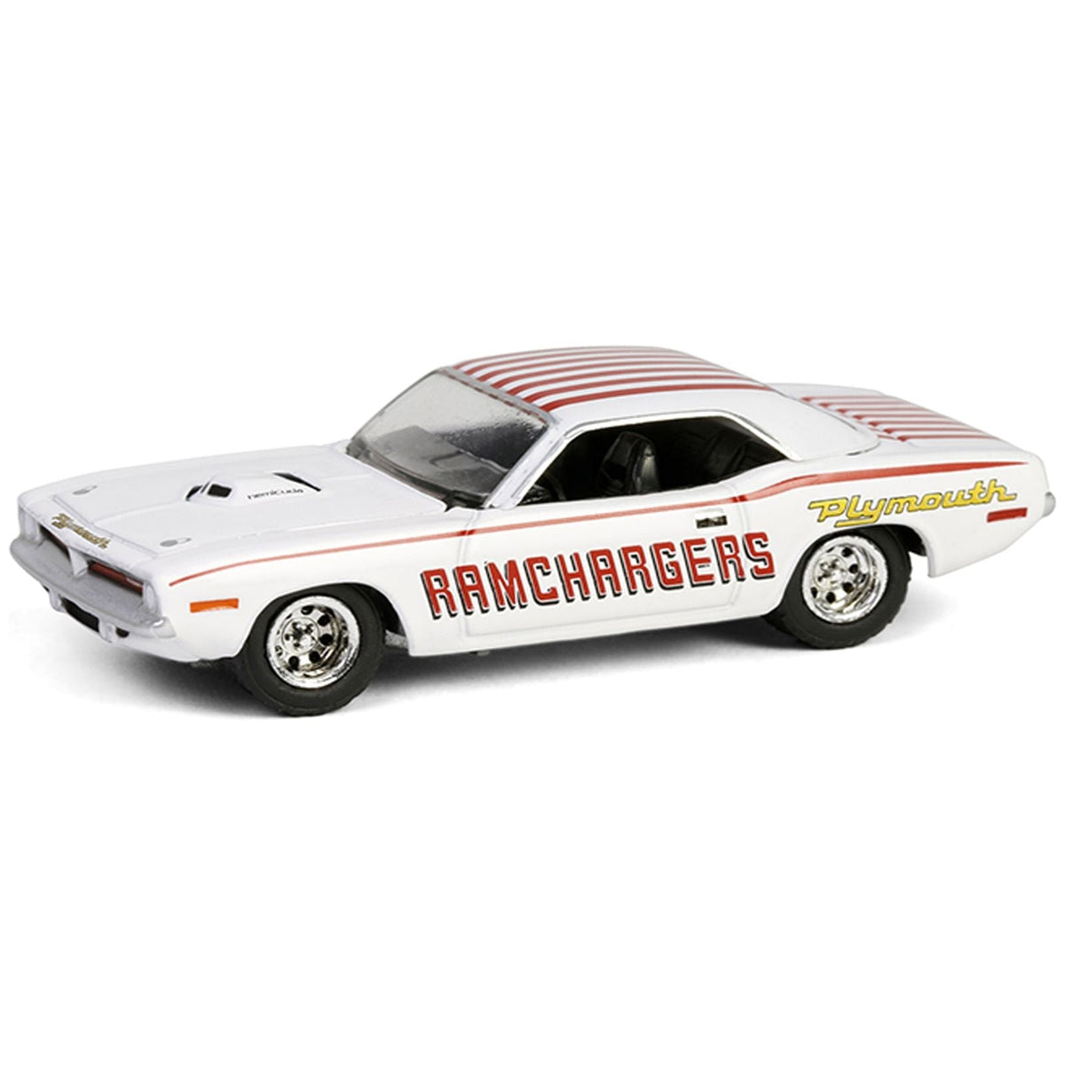 1970 Plymouth Hemi Barracuda "Ramchargers" White with Red Stripes "Running on Empty" Series 17 1/64 Diecast Model Car by Greenlight-Greenlight-ModelCars.com