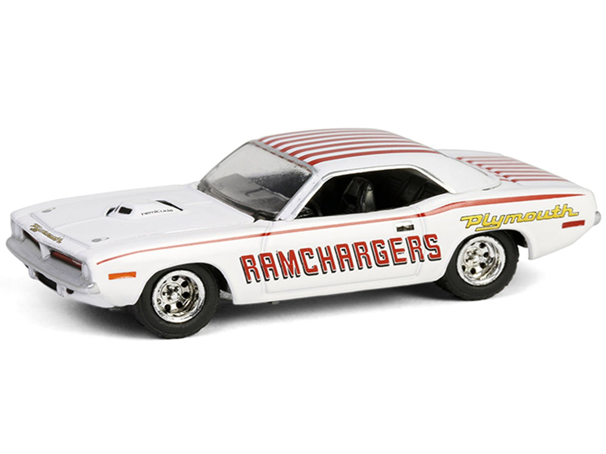 1970 Plymouth Hemi Barracuda "Ramchargers" White with Red Stripes "Running on Empty" Series 17 1/64 Diecast Model Car by Greenlight-Greenlight-ModelCars.com