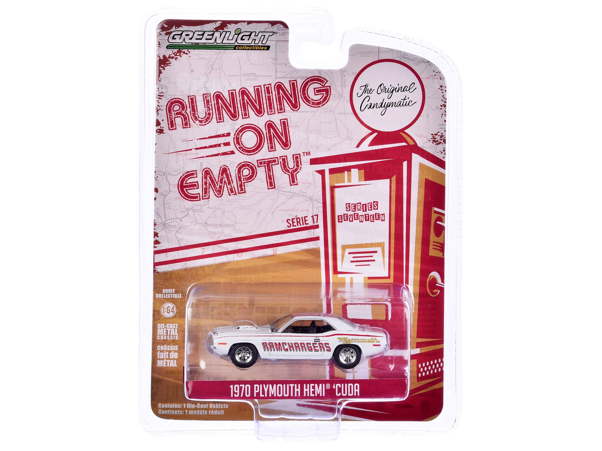 1970 Plymouth Hemi Barracuda "Ramchargers" White with Red Stripes "Running on Empty" Series 17 1/64 Diecast Model Car by Greenlight-Greenlight-ModelCars.com
