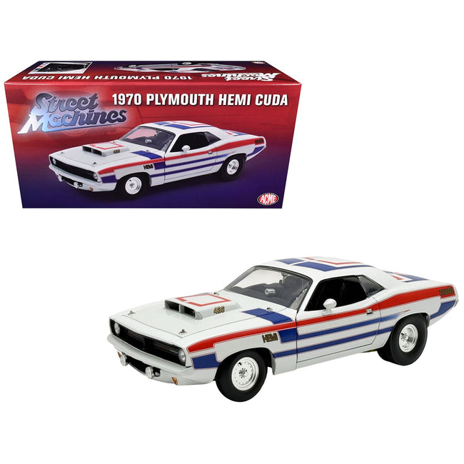 1970 Plymouth HEMI Cuda "Street Machine" White with Red and Blue Stripes Limited Edition to 366 pieces Worldwide 1/18 Diecast Model Car by ACME-Acme-ModelCars.com