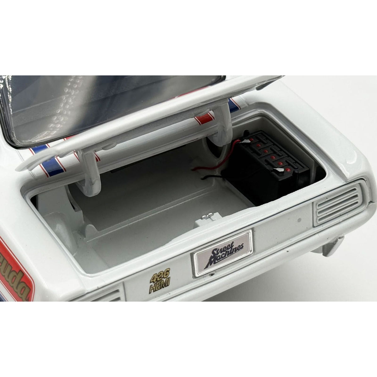 1970 Plymouth HEMI Cuda "Street Machine" White with Red and Blue Stripes Limited Edition to 366 pieces Worldwide 1/18 Diecast Model Car by ACME-Acme-ModelCars.com