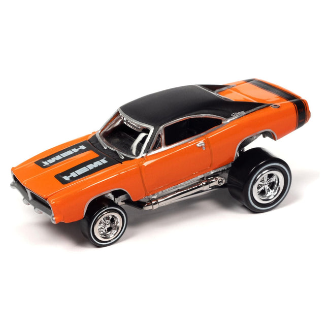 1970 Plymouth Road Runner Yellow with Black Gator Top and Black Stripes and 1969 Dodge Charger R/T HEMI Orange with Black Top and Tail Stripe "Zingers!" Set of 2 Cars "2 - Packs" 2023 Release 1 1/64 Diecast Model Cars by Johnny Lightning - Johnny Lightning - ModelCars.com