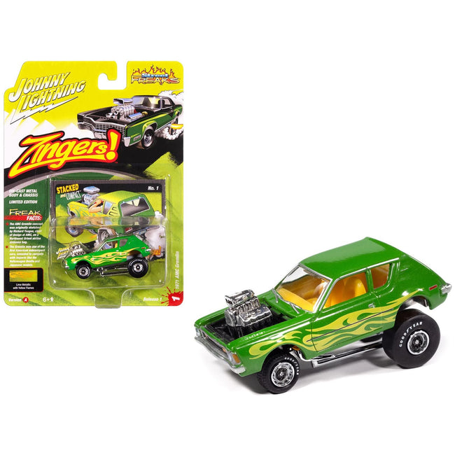 1971 AMC Gremlin Lime Green Metallic with Yellow Flames and Interior "Zingers!" Series 1/64 Diecast Model Car by Johnny Lightning-Johnny Lightning-ModelCars.com