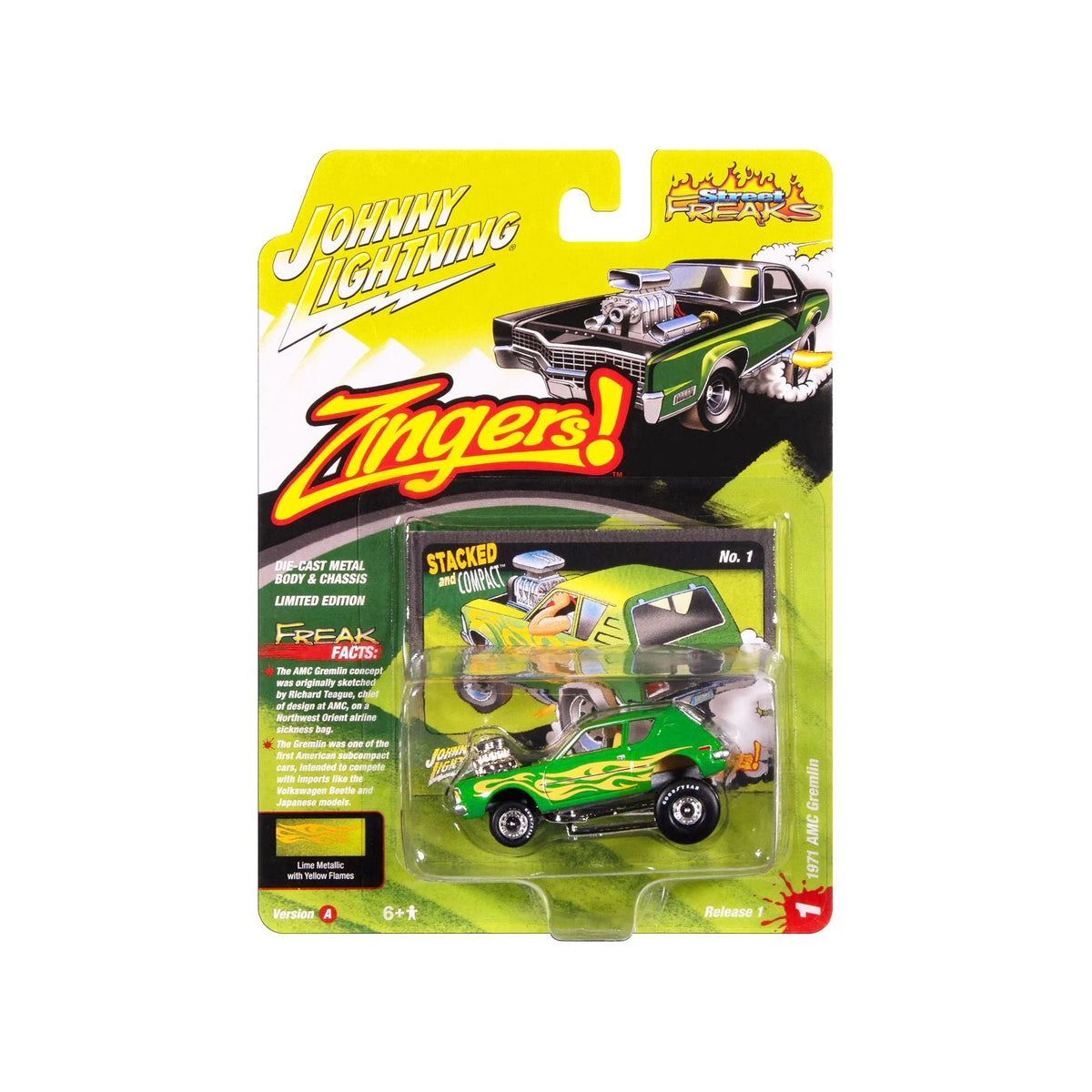 1971 AMC Gremlin Lime Green Metallic with Yellow Flames and Interior "Zingers!" Series 1/64 Diecast Model Car by Johnny Lightning-Johnny Lightning-ModelCars.com