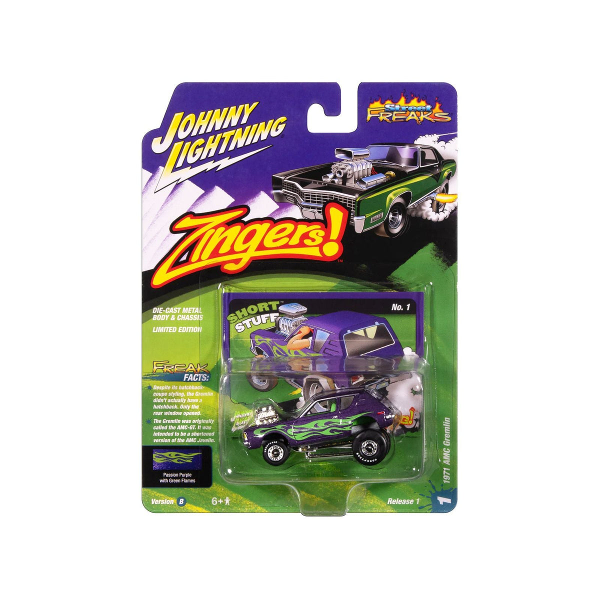 1971 AMC Gremlin Passion Purple Metallic with Green Flames and Interior "Zingers!" Series 1/64 Diecast Model Car by Johnny Lightning-Johnny Lightning-ModelCars.com