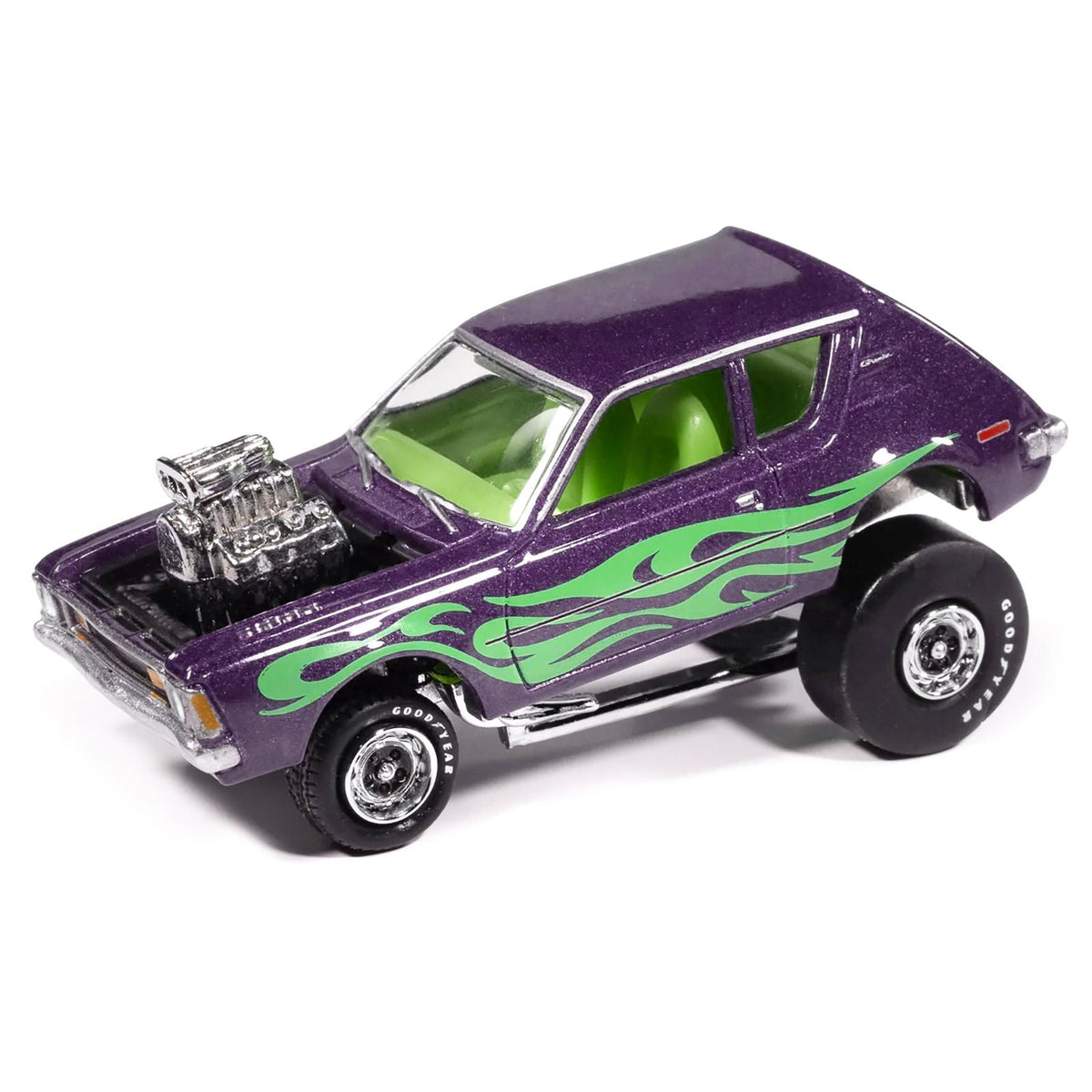 1971 AMC Gremlin Passion Purple Metallic with Green Flames and Interior "Zingers!" Series 1/64 Diecast Model Car by Johnny Lightning-Johnny Lightning-ModelCars.com