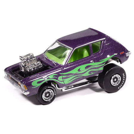 1971 AMC Gremlin Passion Purple Metallic with Green Flames and Interior "Zingers!" Series 1/64 Diecast Model Car by Johnny Lightning-Johnny Lightning-ModelCars.com