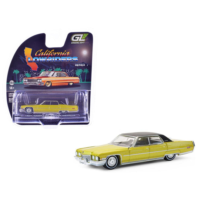 1971 Cadillac Sedan Deville Lowrider Gold Metallic with Black Top "California Lowriders" Series 7 1/64 Diecast Model Car by Greenlight-Greenlight-ModelCars.com