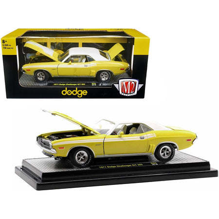 1971 Dodge Challenger R/T 383 Banana Yellow with White Stripes and Vinyl White Top Limited Edition to 6550 pieces Worldwide 1/24 Diecast Model Car by M2 Machines-M2-ModelCars.com