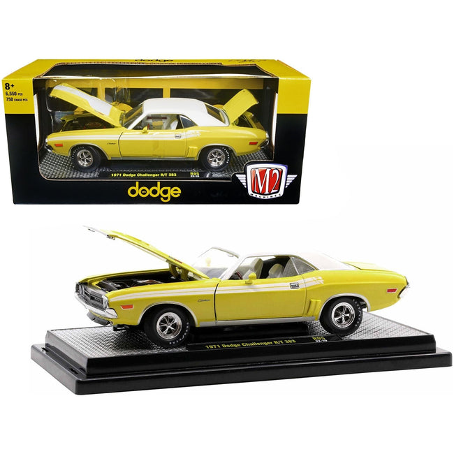 1971 Dodge Challenger R/T 383 Banana Yellow with White Stripes and Vinyl White Top Limited Edition to 6550 pieces Worldwide 1/24 Diecast Model Car by M2 Machines-M2-ModelCars.com