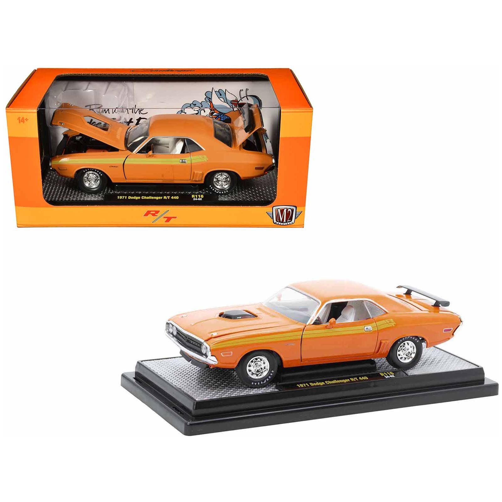 1971 Dodge Challenger R/T 440 Orange with Yellow Stripes and White Interior Limited Edition to 5250 pieces Worldwide 1/24 Diecast Model Car by M2 Machines - M2 - ModelCars.com
