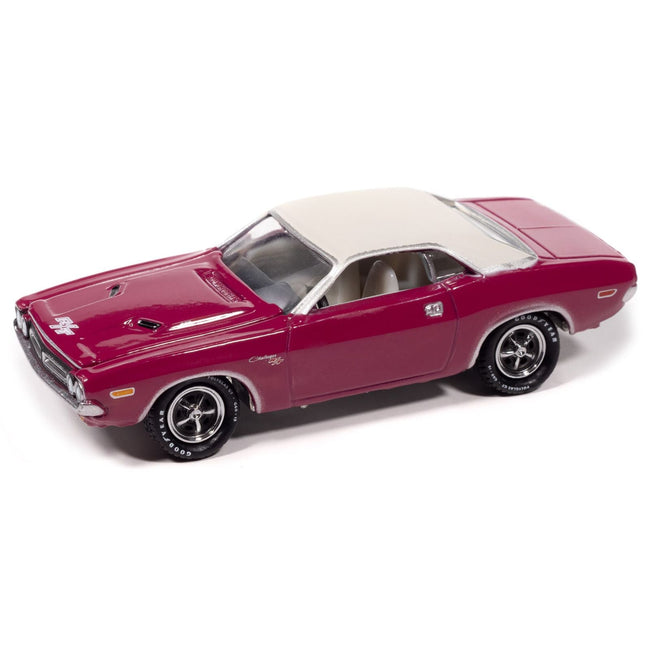1971 Dodge Challenger R/T Panther Pink with White Top and Interior "Classic Gold Collection" 1/64 Diecast Model Car by Johnny Lightning-Johnny Lightning-ModelCars.com