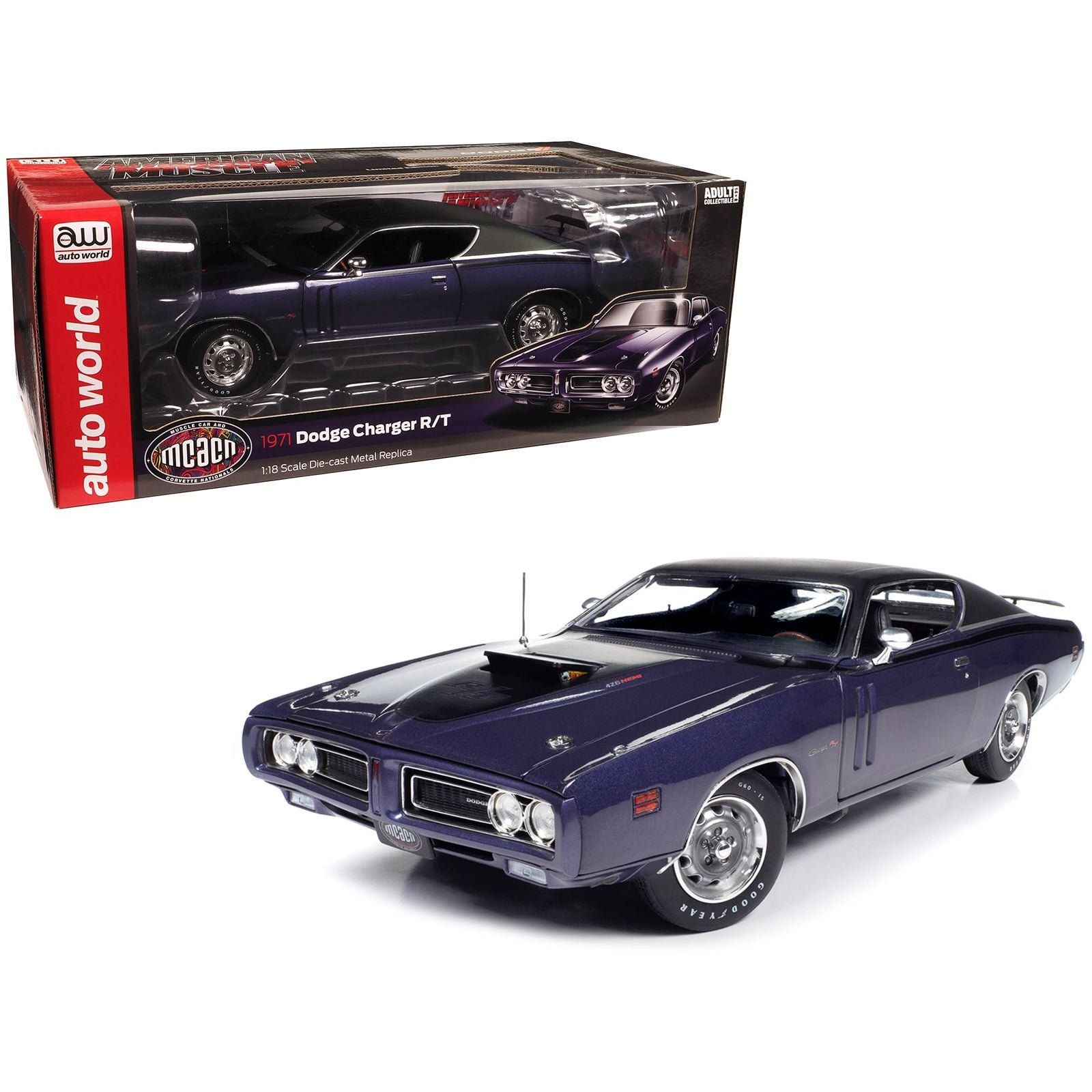 1971 Dodge Charger R/T Plum Crazy Purple Metallic with Black Vinyl Top "Muscle Car & Corvette Nationals" (MCACN) "American Muscle" Series 1/18 Diecast Model Car by Auto World - Autoworld - ModelCars.com