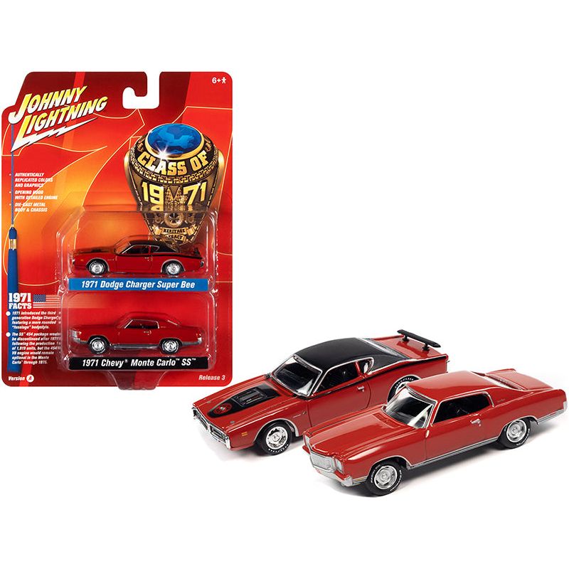 1971 Dodge Charger Super Bee Red with Black Top and 1971 Chevrolet Monte Carlo SS Cranberry Red "Class of 1971" Set of 2 Cars 1/64 Diecast Model Cars by Johnny Lightning-Johnny Lightning-ModelCars.com