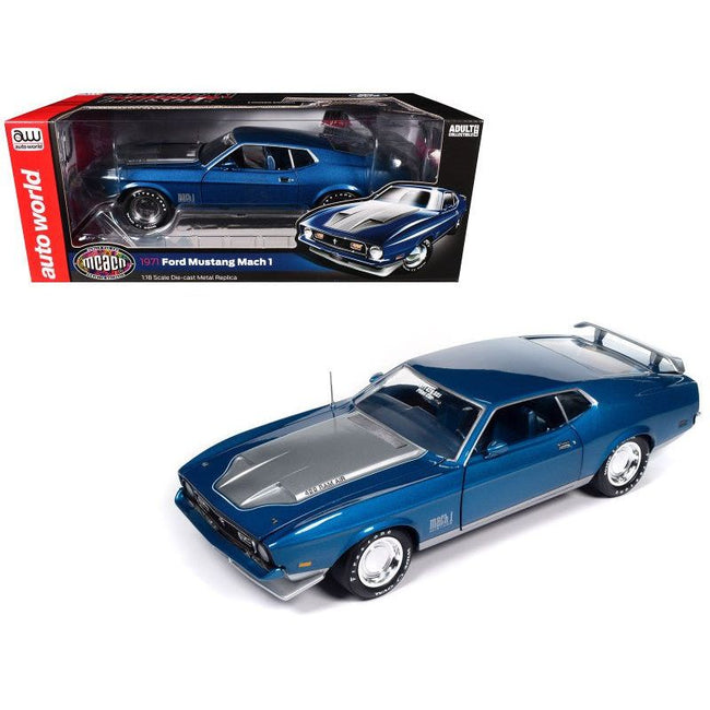 1971 Ford Mustang Mach 1 Blue Metallic with Silver Hood "Muscle Car & Corvette Nationals" (MCACN) "American Muscle" Series 1/18 Diecast Model Car by Auto World-Autoworld-ModelCars.com