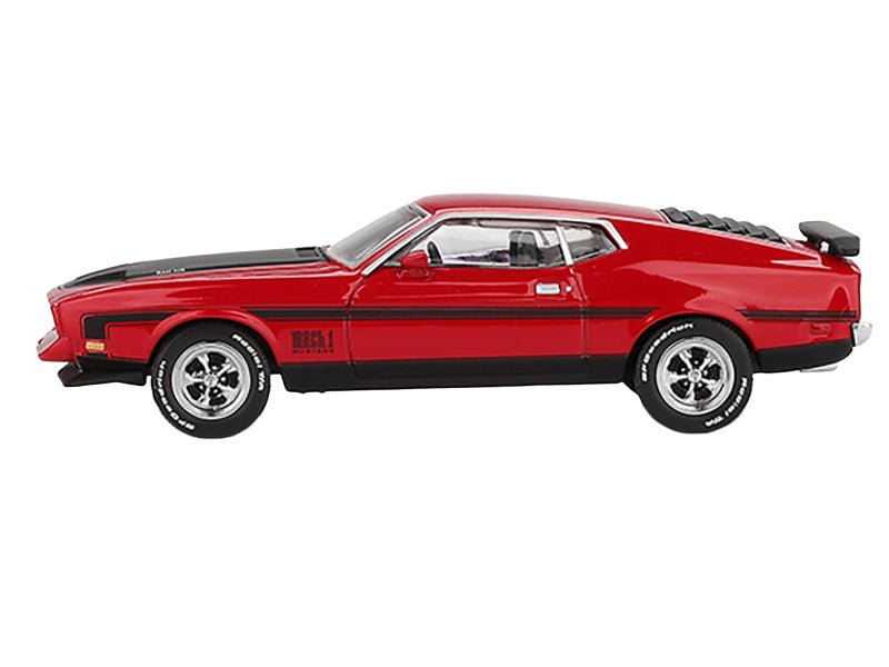 1971 Ford Mustang Mach 1 Race Red with Black Hood and Stripes Limited Edition 1/64 Diecast Model Car by Mini GT-Mini GT-ModelCars.com