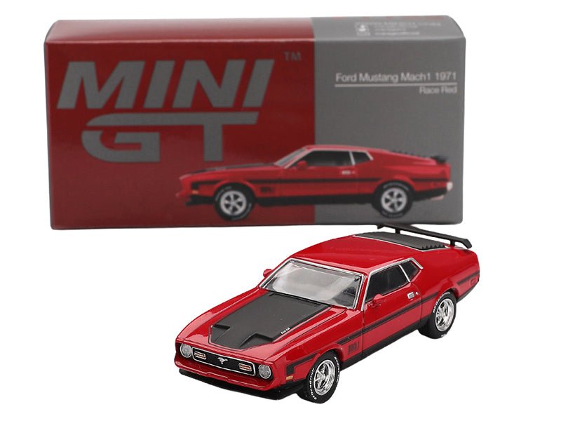 1971 Ford Mustang Mach 1 Race Red with Black Hood and Stripes Limited Edition 1/64 Diecast Model Car by Mini GT-Mini GT-ModelCars.com