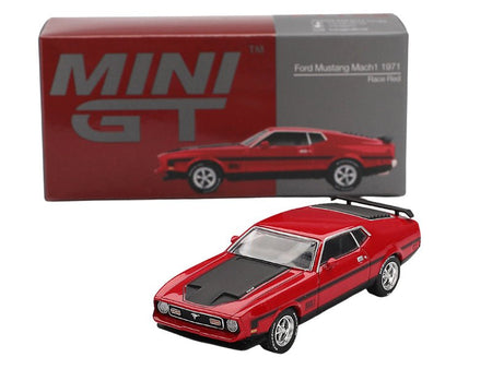 1971 Ford Mustang Mach 1 Race Red with Black Hood and Stripes Limited Edition 1/64 Diecast Model Car by Mini GT-Mini GT-ModelCars.com