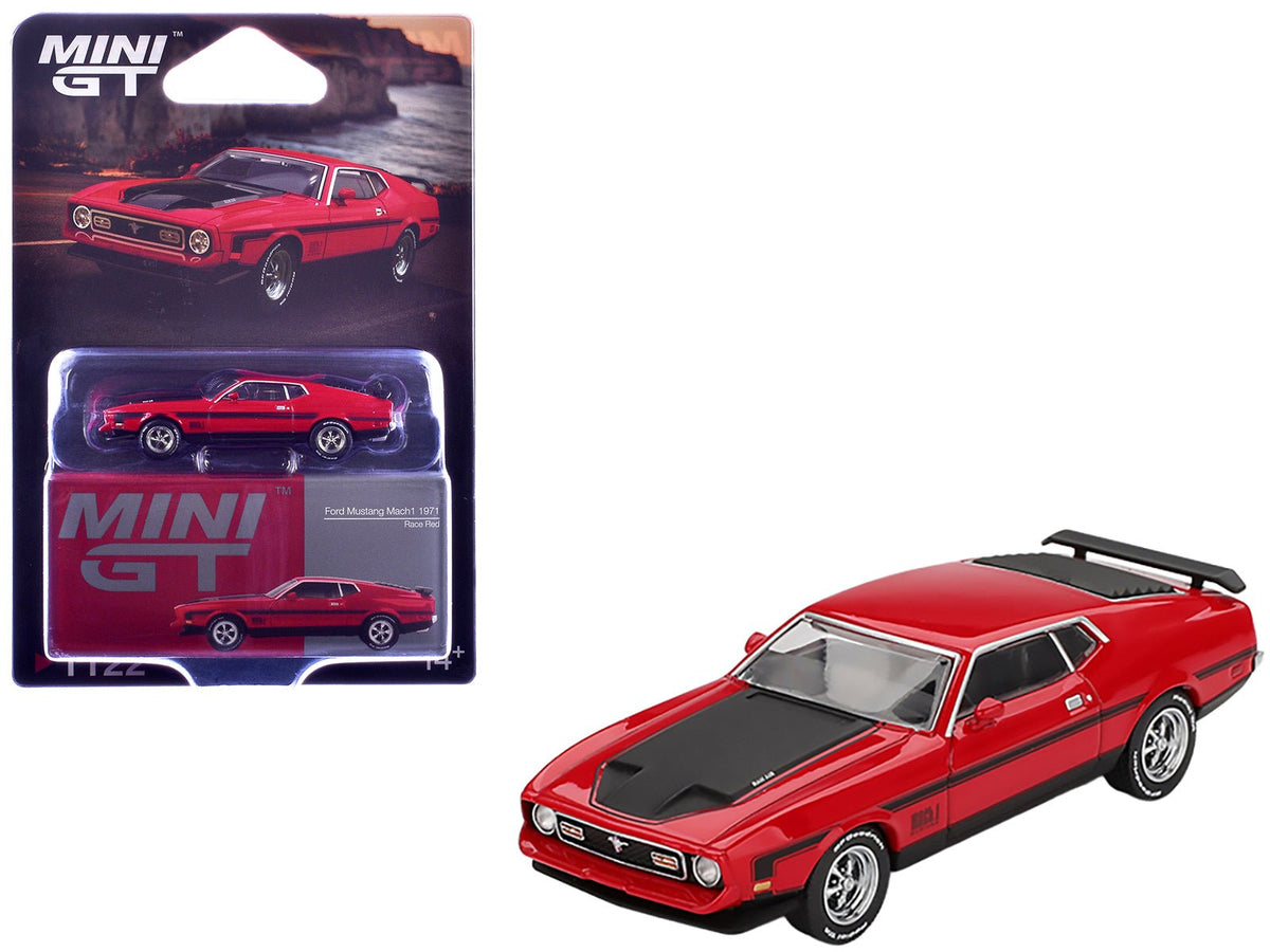1971 Ford Mustang Mach 1 Race Red with Black Hood and Stripes Limited Edition 1/64 Diecast Model Car by Mini GT-Mini GT-ModelCars.com