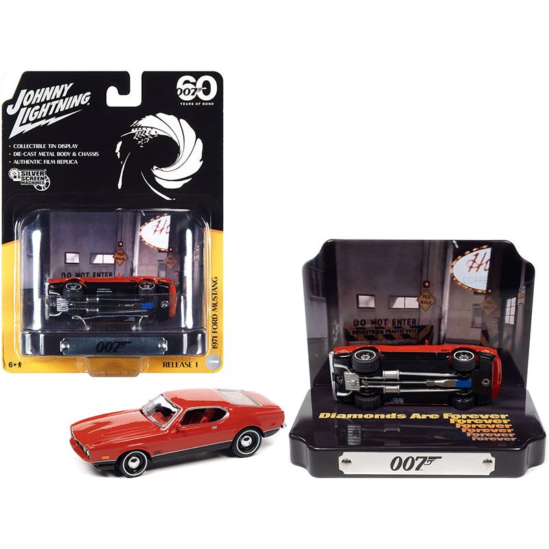 1971 Ford Mustang Mach 1 Red with Collectible Tin Display "007" (James Bond) "Diamonds Are Forever" (1971) Movie "60 Years Of Bond" 1/64 Diecast Model Car by Johnny Lightning-Johnny Lightning-ModelCars.com
