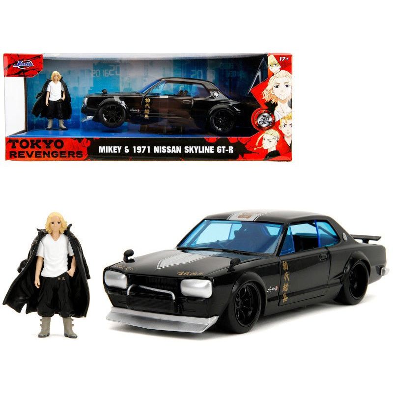 1971 Nissan Skyline GT - R RHD (Right Hand Drive) Black with Silver Stripe and Mikey Diecast Figure "Tokyo Revengers" (2021) TV Series "Anime Hollywood Rides" Series 1/24 Diecast Model Car by Jada - Jada - ModelCars.com