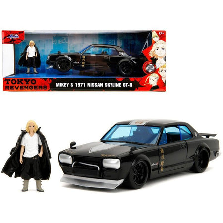 1971 Nissan Skyline GT - R RHD (Right Hand Drive) Black with Silver Stripe and Mikey Diecast Figure "Tokyo Revengers" (2021) TV Series "Anime Hollywood Rides" Series 1/24 Diecast Model Car by Jada - Jada - ModelCars.com