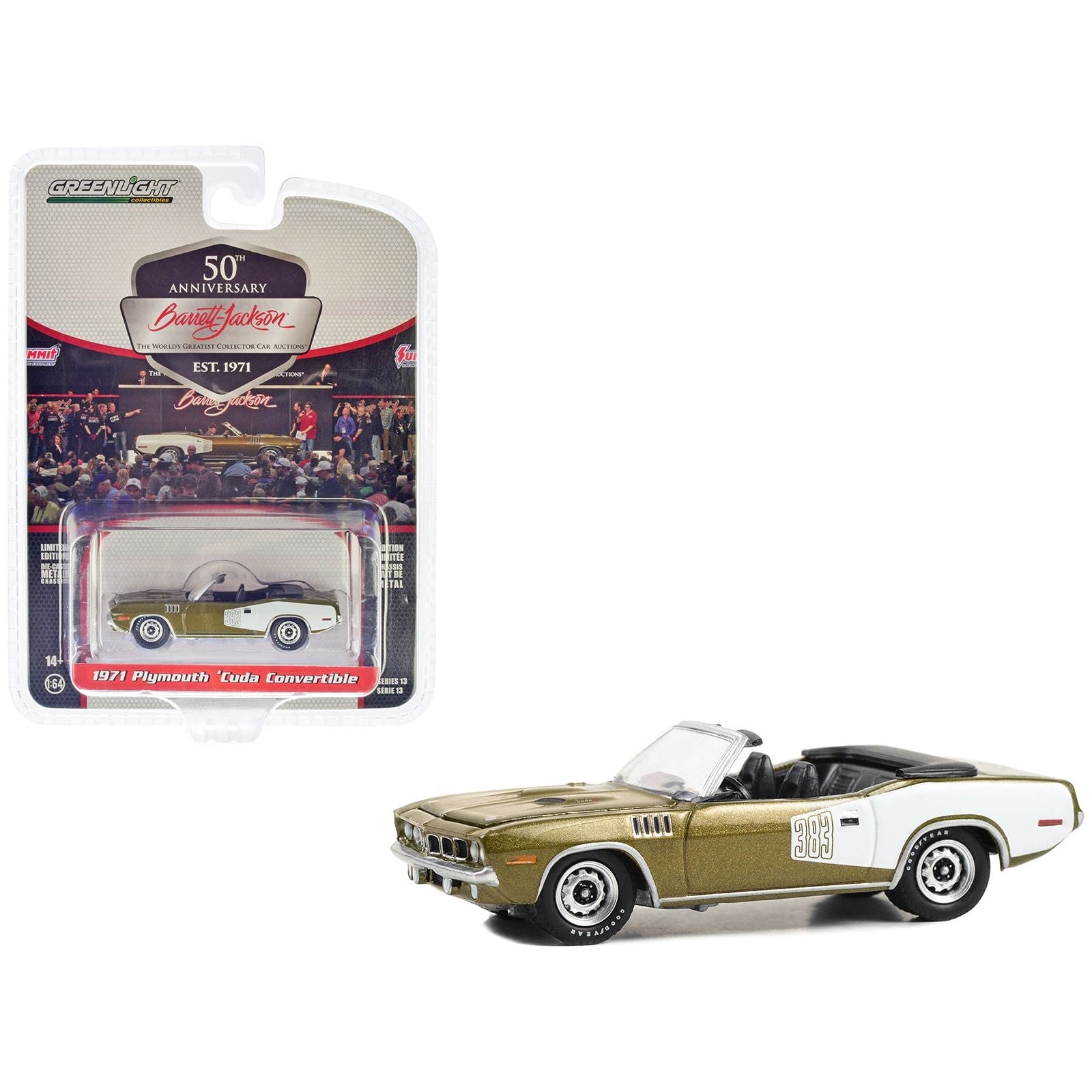 1971 Plymouth Barracuda 383 Convertible Tawny Gold Metallic and White (Lot 1071) Barrett Jackson "Scottsdale Edition" Series 13 1/64 Diecast Model Car by Greenlight - Greenlight - ModelCars.com