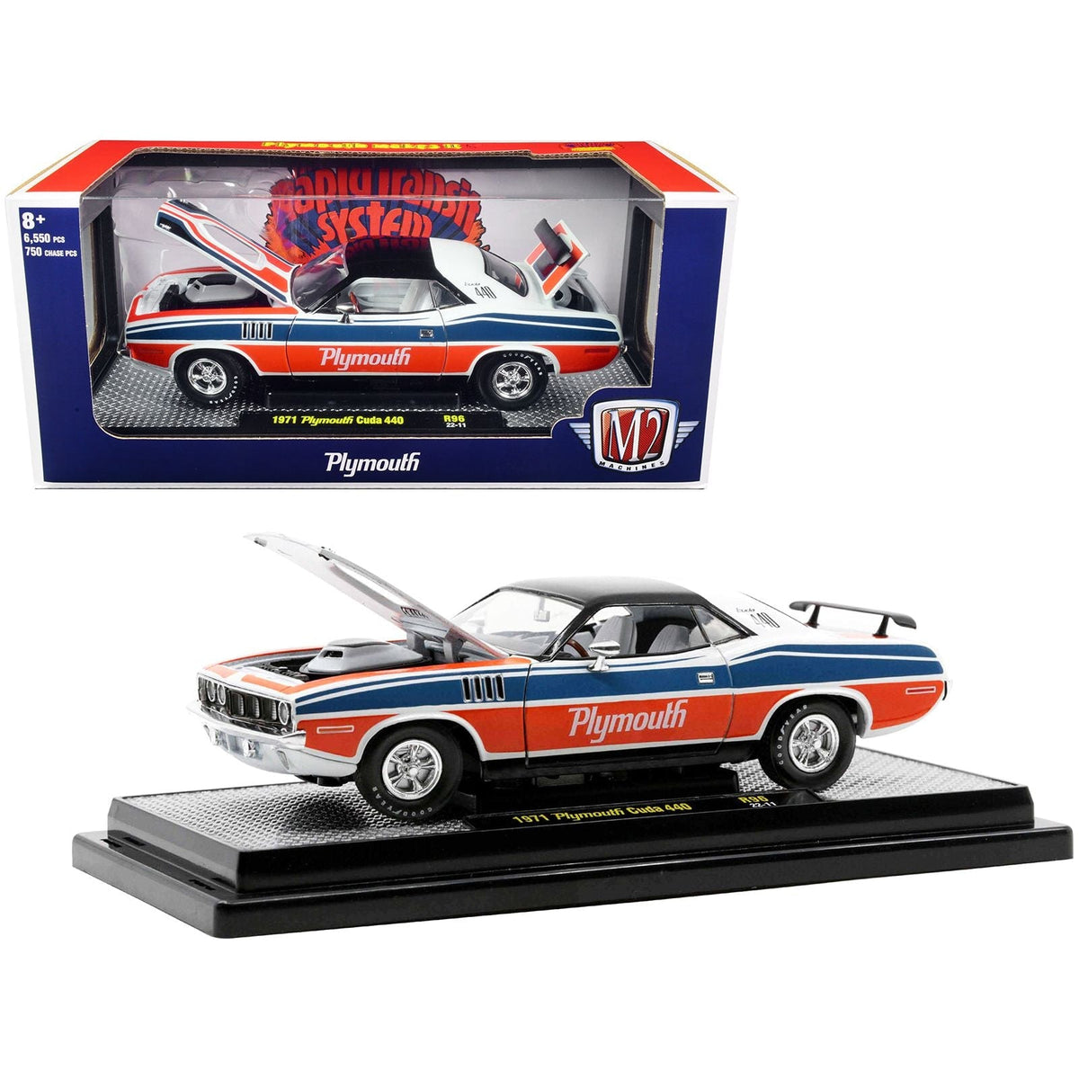 1971 Plymouth Barracuda 440 Pearl White with Blue and Red Stripes and Black Top Limited Edition to 6550 pieces Worldwide 1/24 Diecast Model Car by M2 Machines-M2-ModelCars.com