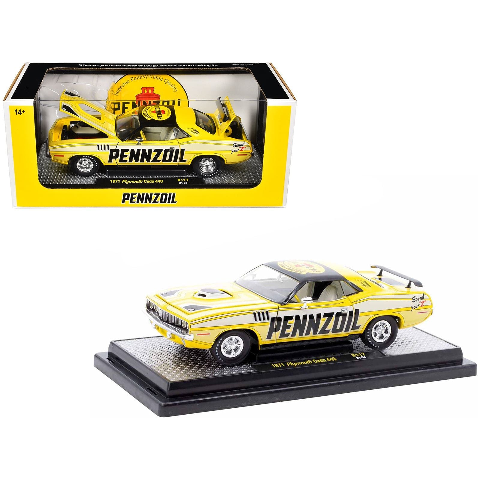 1971 Plymouth Barracuda 440 Yellow with Gray Stripes and Black Top "Pennzoil" Limited Edition to 6250 pieces Worldwide 1/24 Diecast Model Car by M2 Machines - M2 - ModelCars.com