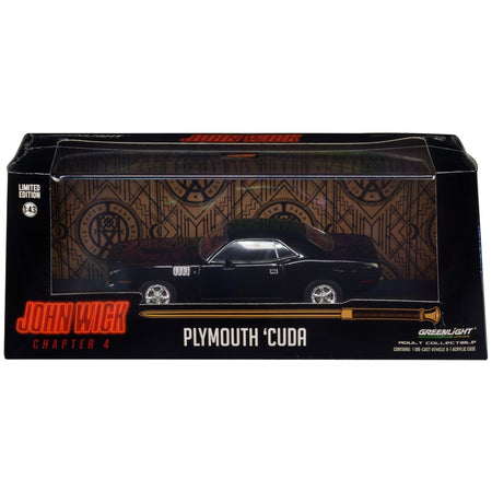 1971 Plymouth Barracuda Black "John Wick: Chapter 4" (2023) Movie "Hollywood" Series 1/43 Diecast Model Car by Greenlight-Greenlight-ModelCars.com