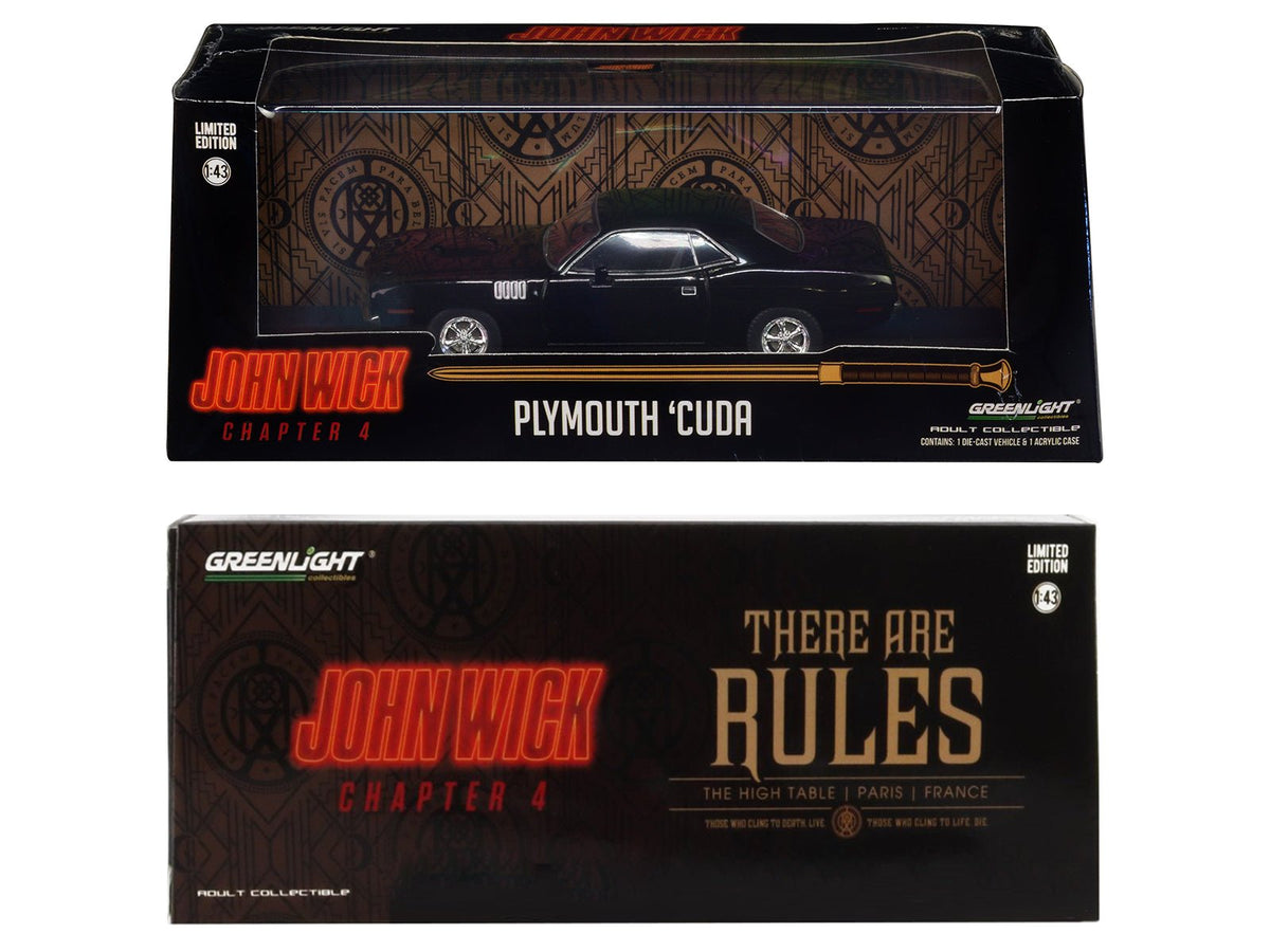 1971 Plymouth Barracuda Black "John Wick: Chapter 4" (2023) Movie "Hollywood" Series 1/43 Diecast Model Car by Greenlight-Greenlight-ModelCars.com