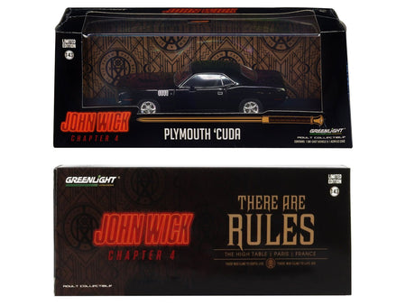 1971 Plymouth Barracuda Black "John Wick: Chapter 4" (2023) Movie "Hollywood" Series 1/43 Diecast Model Car by Greenlight-Greenlight-ModelCars.com
