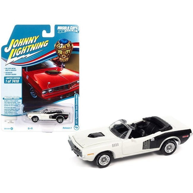 1971 Plymouth Barracuda Convertible Sno White with Black Hemi Side Billboards "Class of 1971" Limited Edition to 7418 pieces Worldwide "Muscle Cars USA" Series 1/64 Diecast Model Car by Johnny Lightning - Johnny Lightning - ModelCars.com