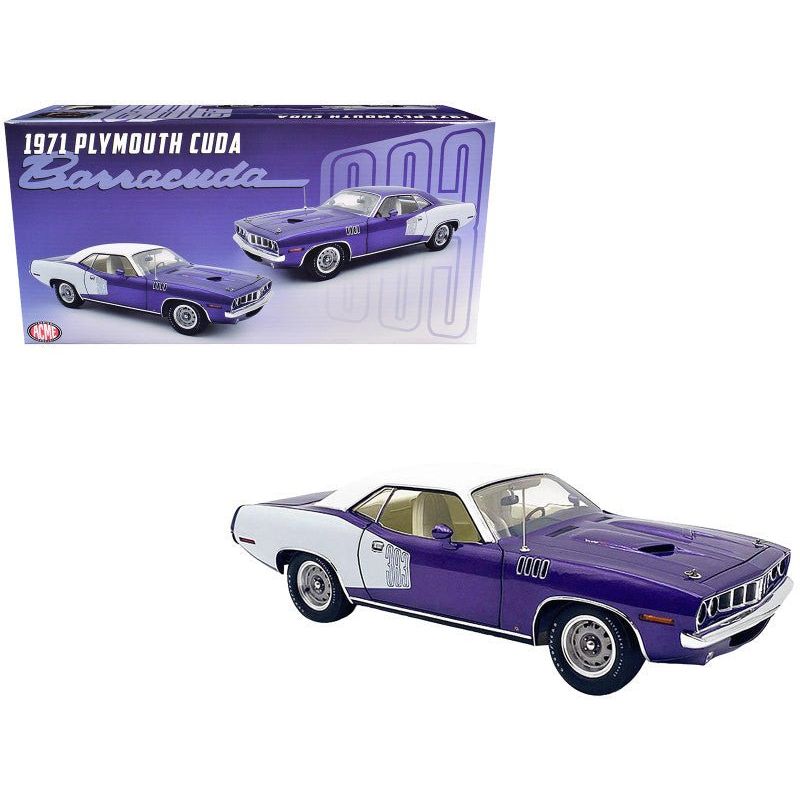 1971 Plymouth Barracuda Violet Metallic and White with White Vinyl Top Limited Edition to 300 pieces Worldwide 1/18 Diecast Model Car by ACME-Acme-ModelCars.com