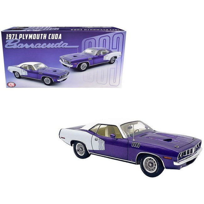 1971 Plymouth Barracuda Violet Metallic and White with White Vinyl Top Limited Edition to 300 pieces Worldwide 1/18 Diecast Model Car by ACME-Acme-ModelCars.com