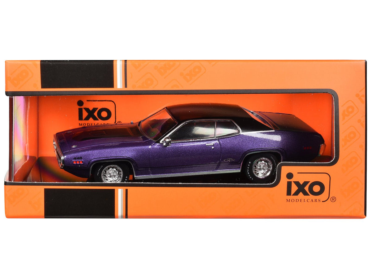 1971 Plymouth GTX Purple Metallic with Black Vinyl Top and Black Hood Stripe 1/43 Diecast Model Car by IXO Models-IXO-ModelCars.com